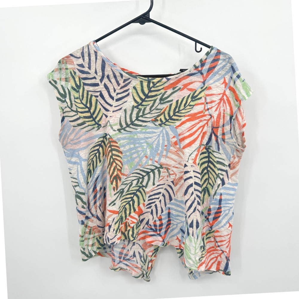 Tahari Linen Tropical Leaf Blouse M Multicolor Lightweight Resort Coastal Summer